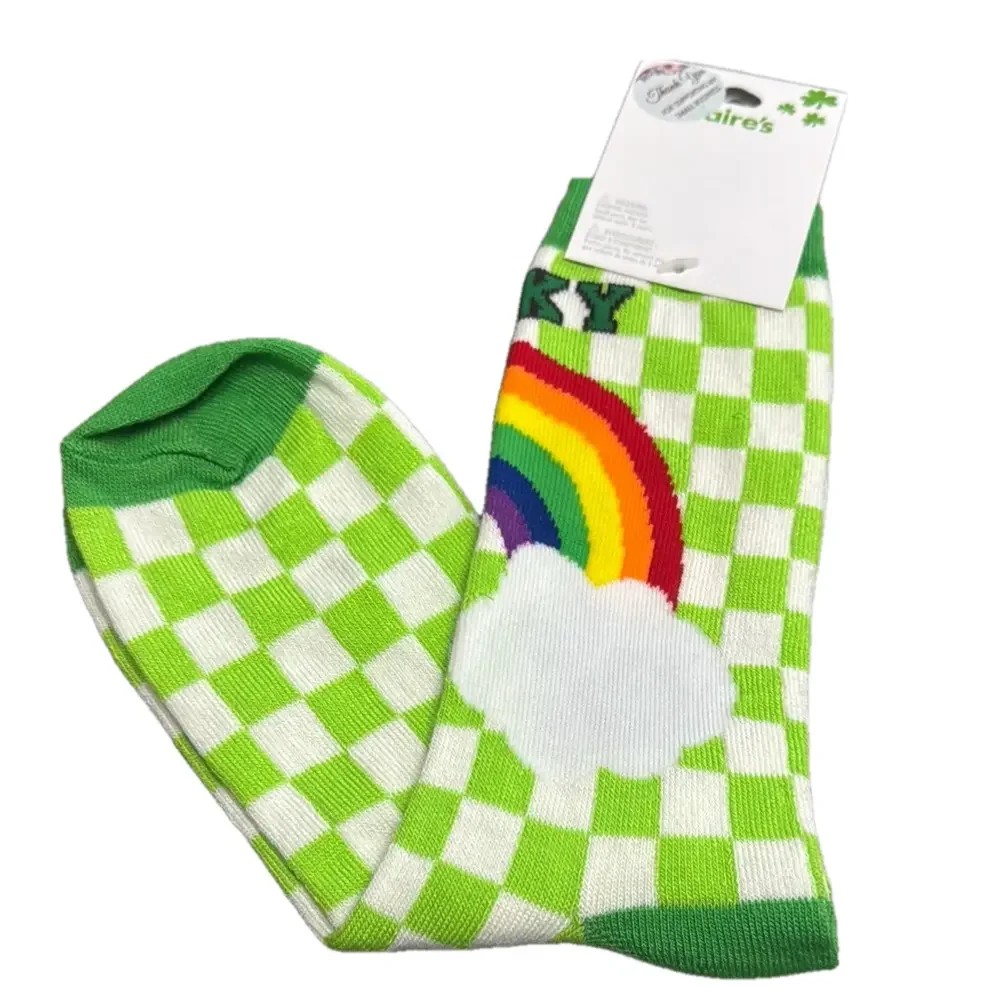 Clair's St. Patick's Day Green Checkered Socks with Rainbow NWT